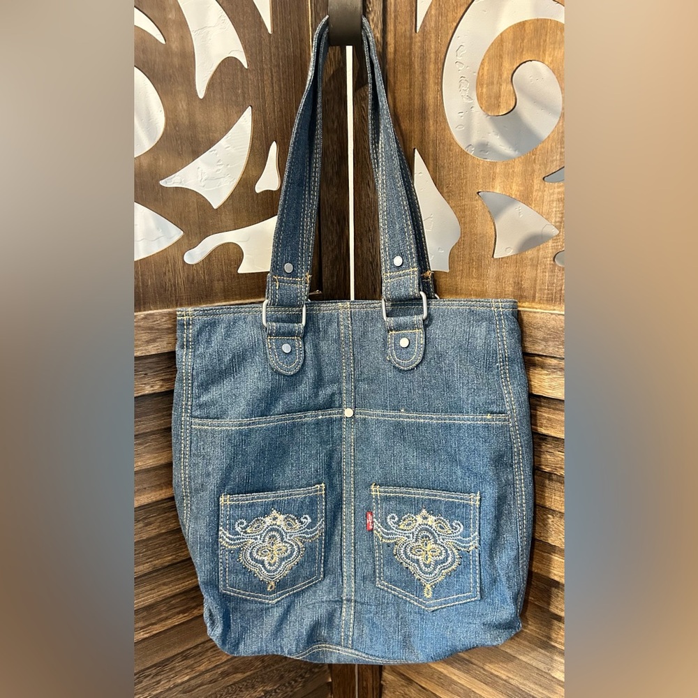 Levi's Vintage 90s Blue Denim Tote Bag Shoulder Handbag Embroidered Pockets Y2K